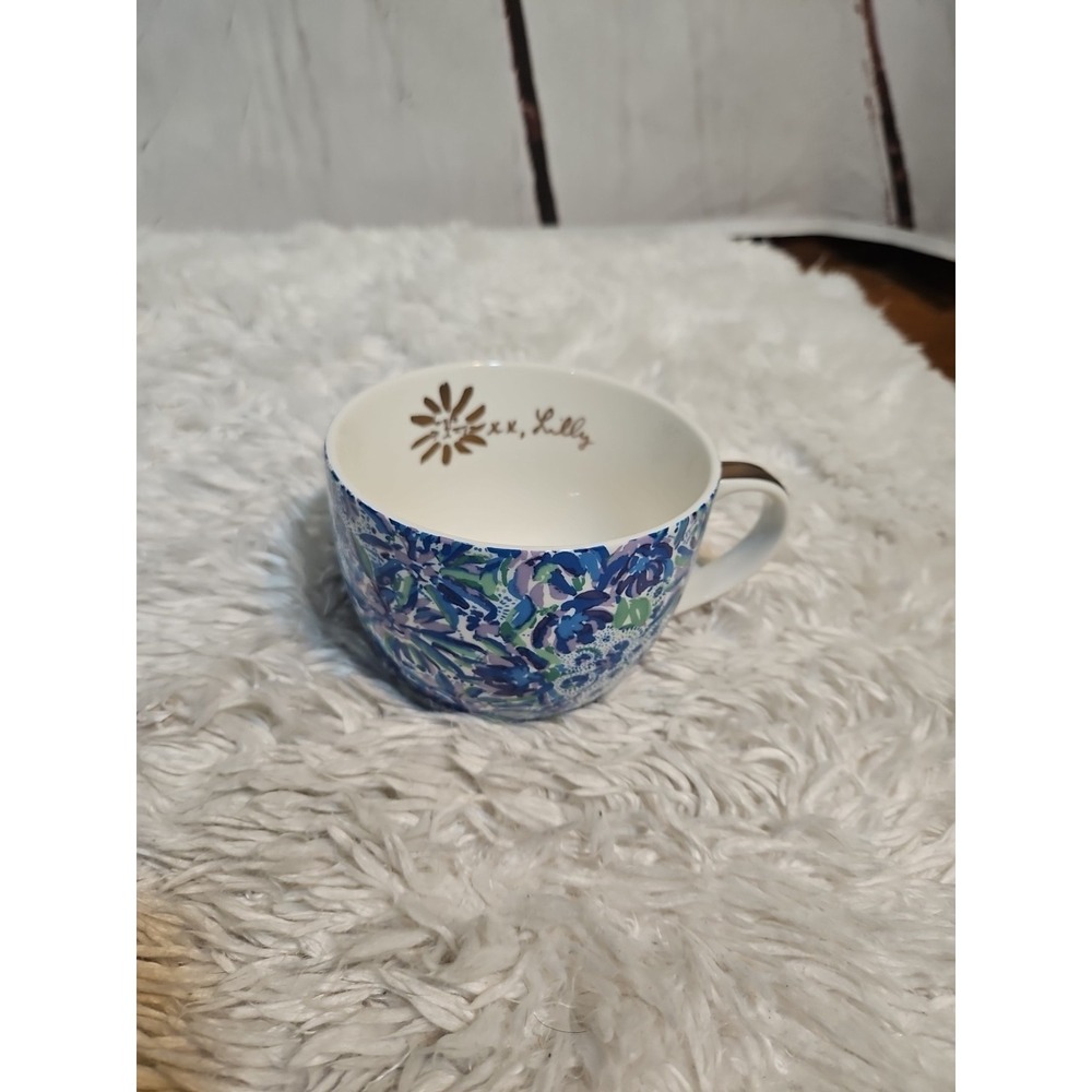 Lilly Pulitzer Blue Purple Floral Ceramic Mug with Gold Handle and Sun Accent‎